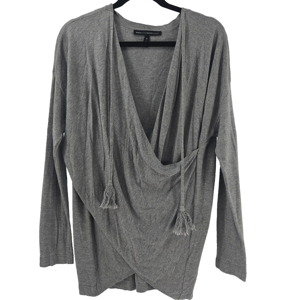 WHBM Women's Medium Gray Cashmere Wool Blend Faux-Wrap Ribbed Knit Sweater Top